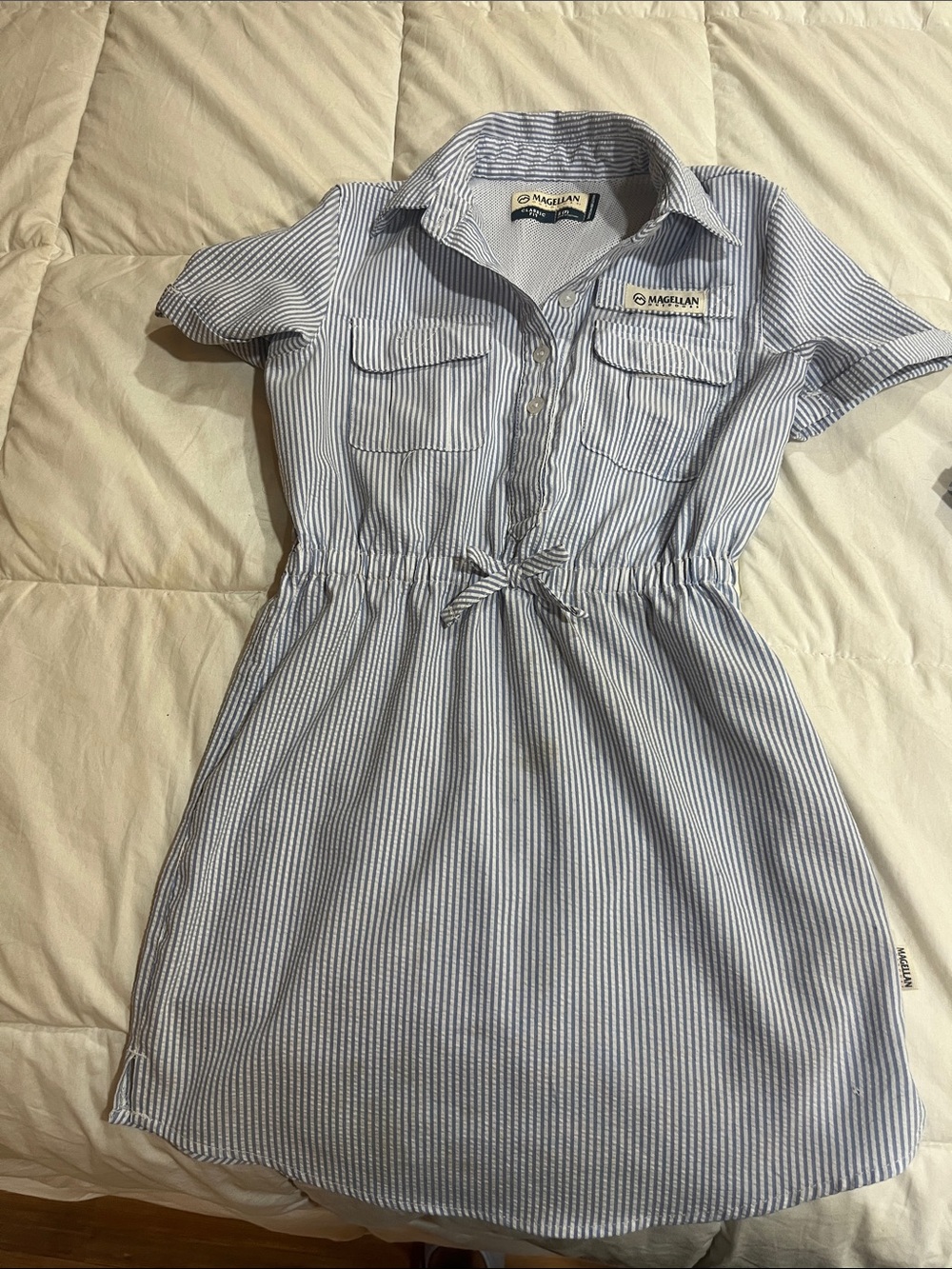 Magellan Outdoors Blue and White Striped Casual Kids Dress